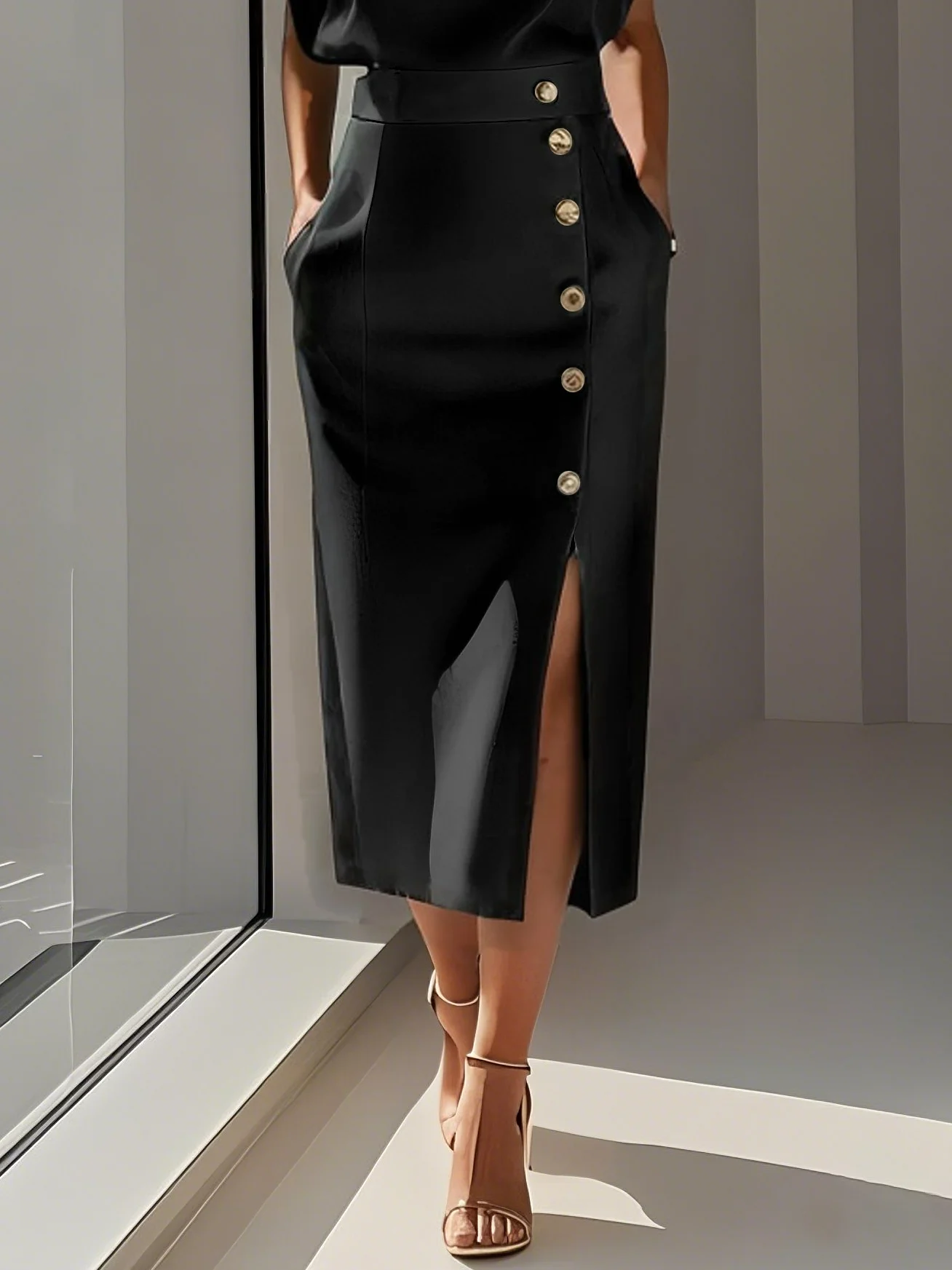 Off White Button Slit Crew Neck Sheath Midi Dress
