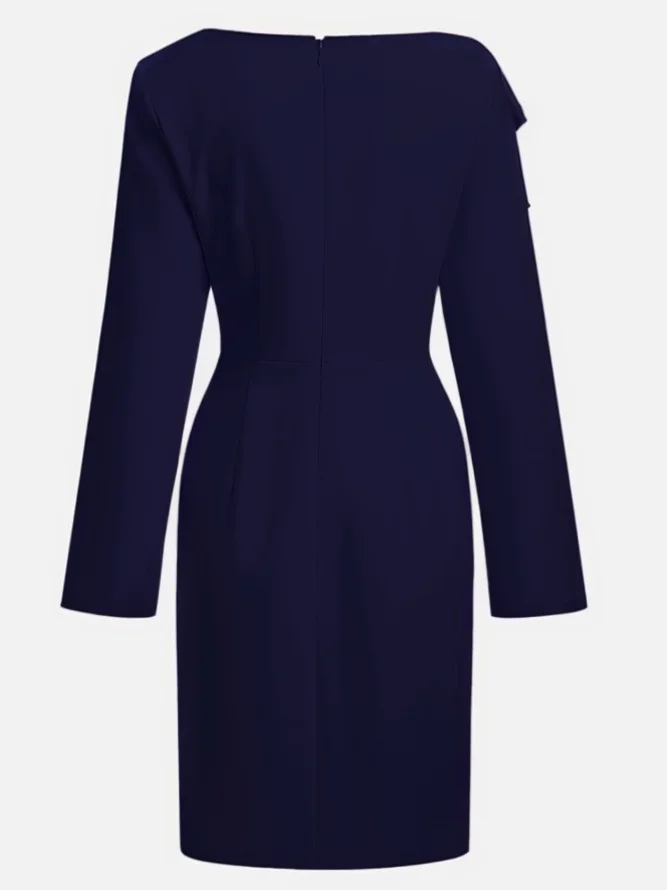 Purplish blue Bow Ruched Classic Boat Neck Long Sleeve Sheath Midi Dress