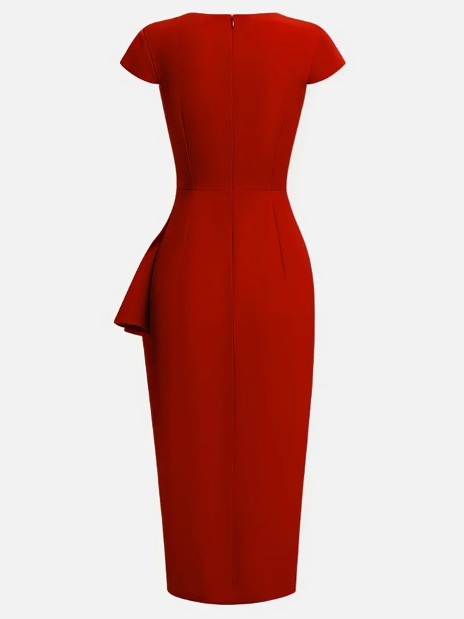 Green Cowl Neck Ruched Cap Sleeve Sheath Midi Dress