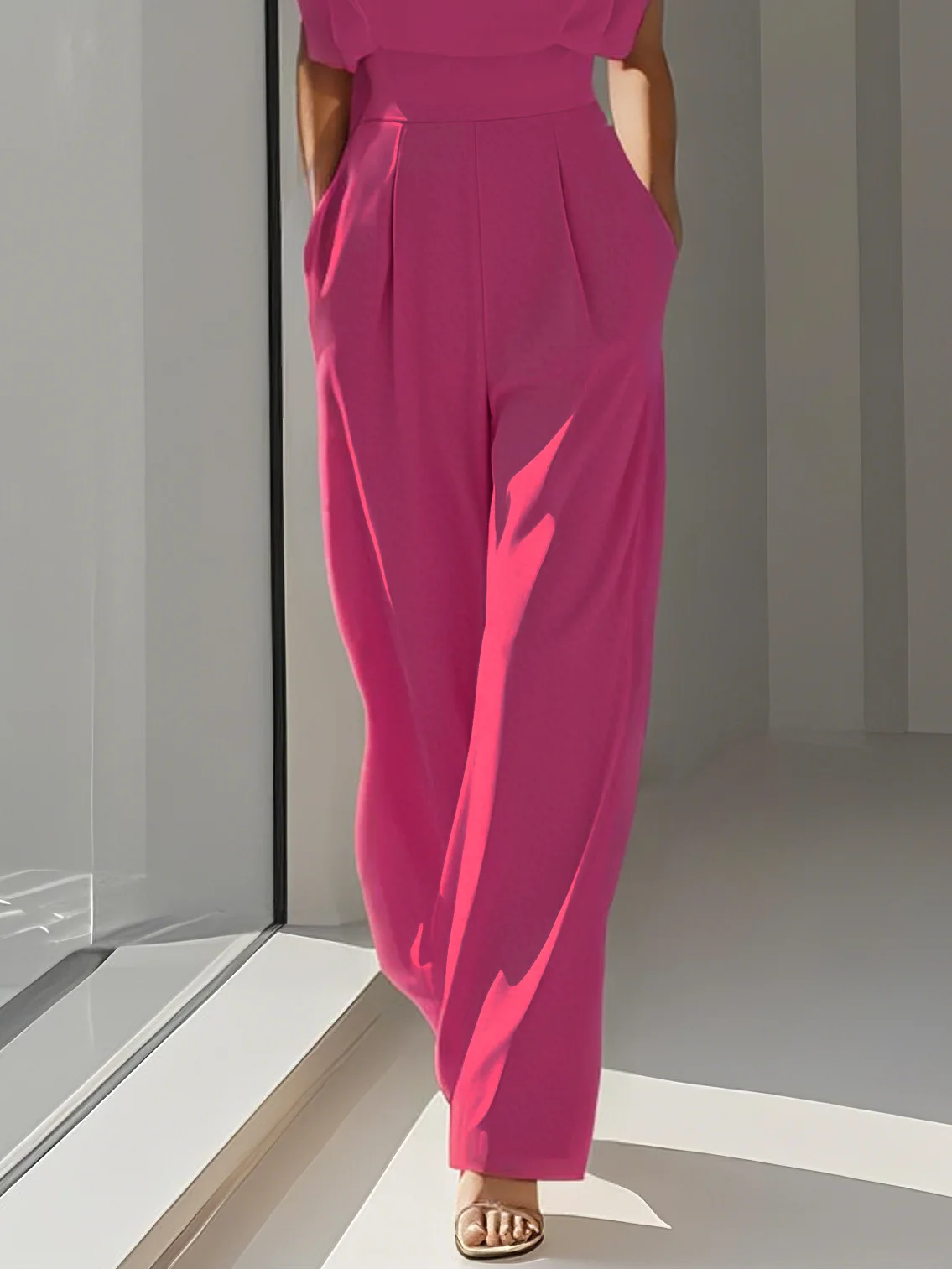Off White Crew Neck Plain Ruched Urban Jumpsuit 