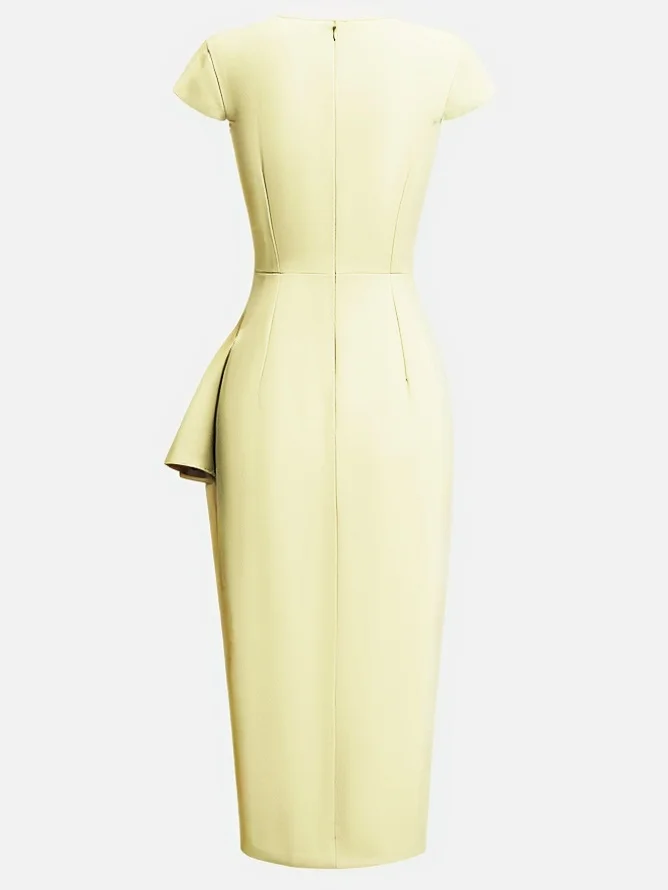 Green Cowl Neck Ruched Cap Sleeve Sheath Midi Dress