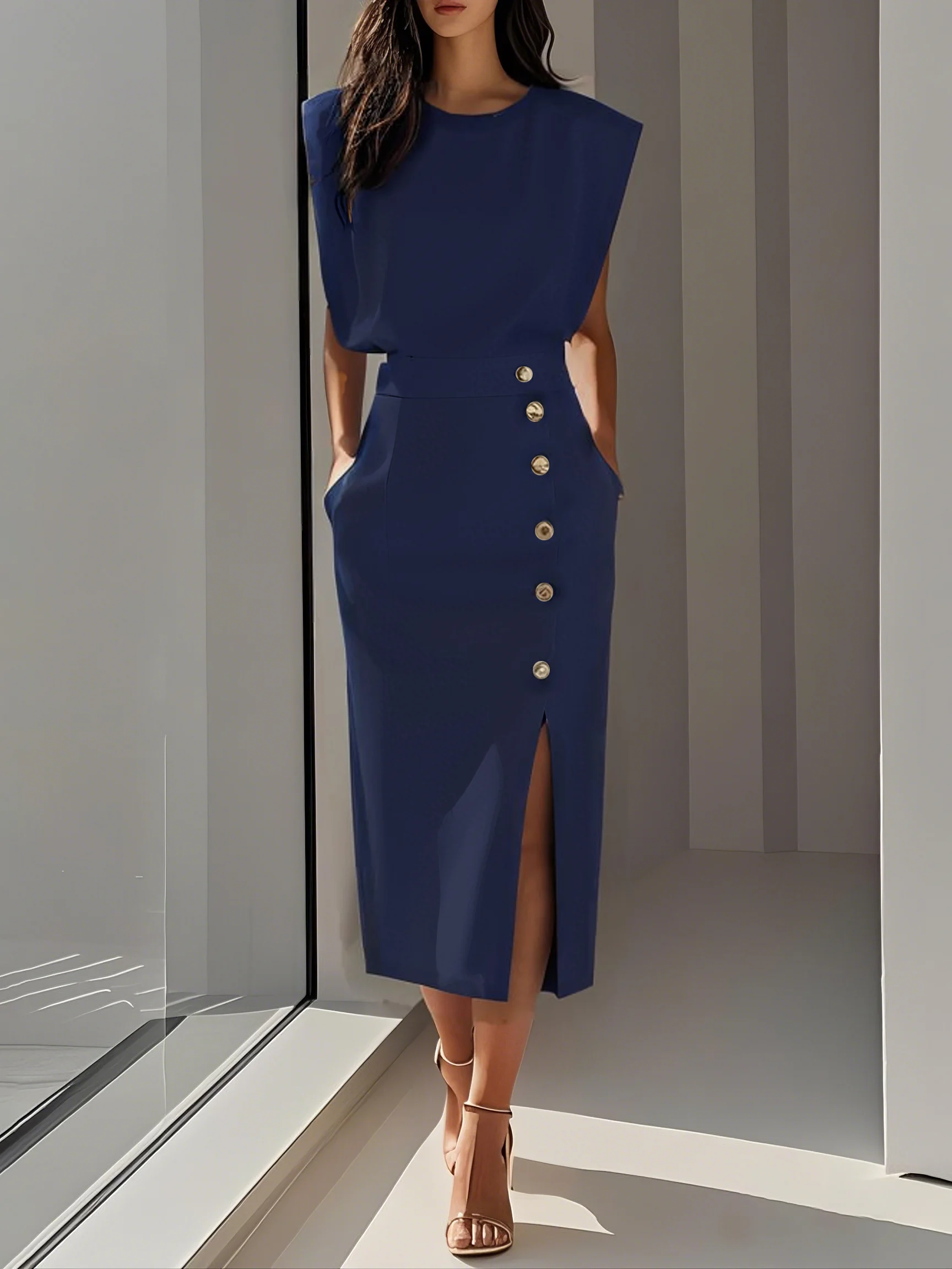 Off White Button Slit Crew Neck Sheath Midi Dress