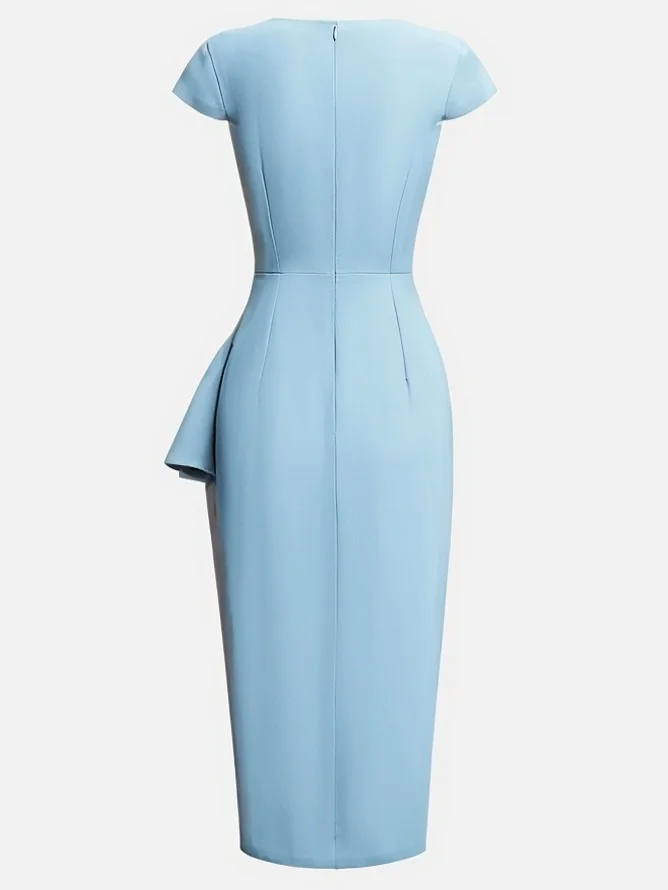Green Cowl Neck Ruched Cap Sleeve Sheath Midi Dress