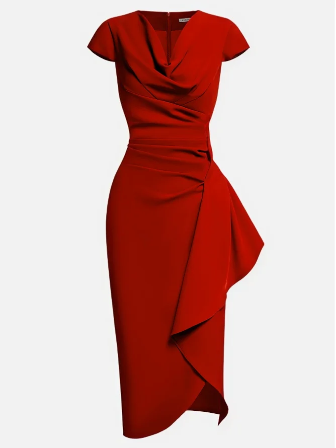 Green Cowl Neck Ruched Cap Sleeve Sheath Midi Dress