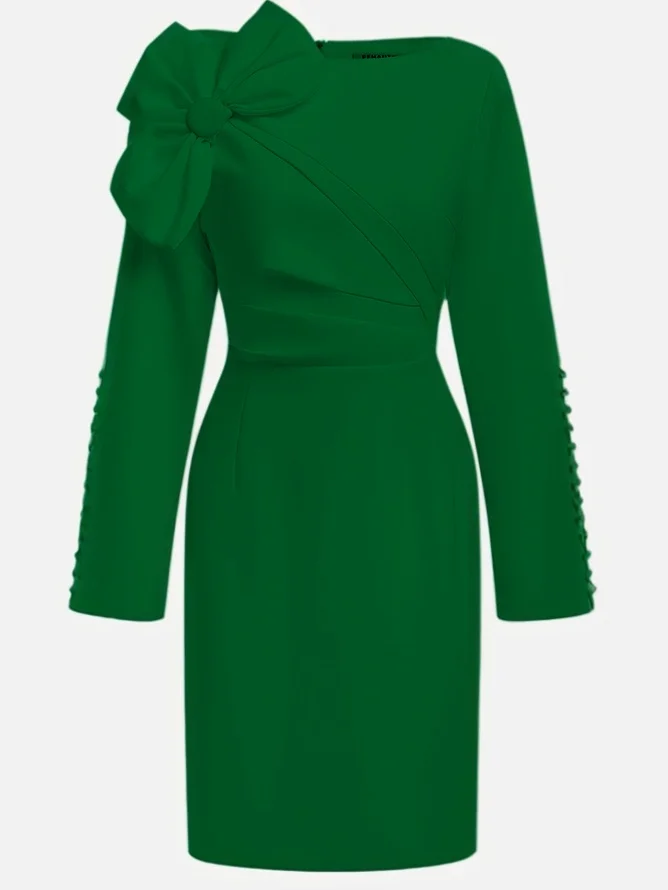 White Bow Long Sleeve Sheath Midi Dress