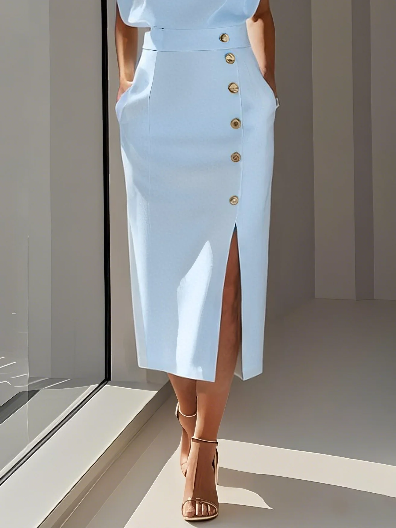 Off White Button Slit Crew Neck Sheath Midi Dress