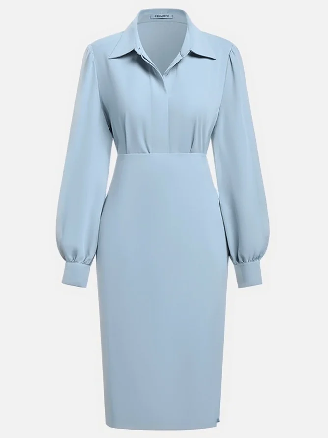 Light Gray Classic Shirt Collar Long Sleeve Sheath Midi Two-Piece Dress
