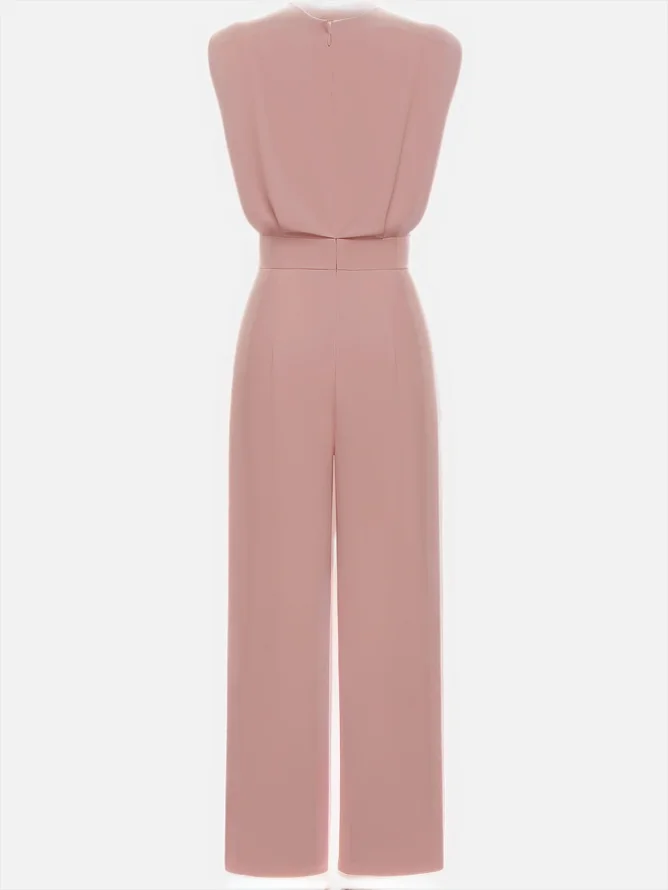 Off White Crew Neck Plain Ruched Urban Jumpsuit 