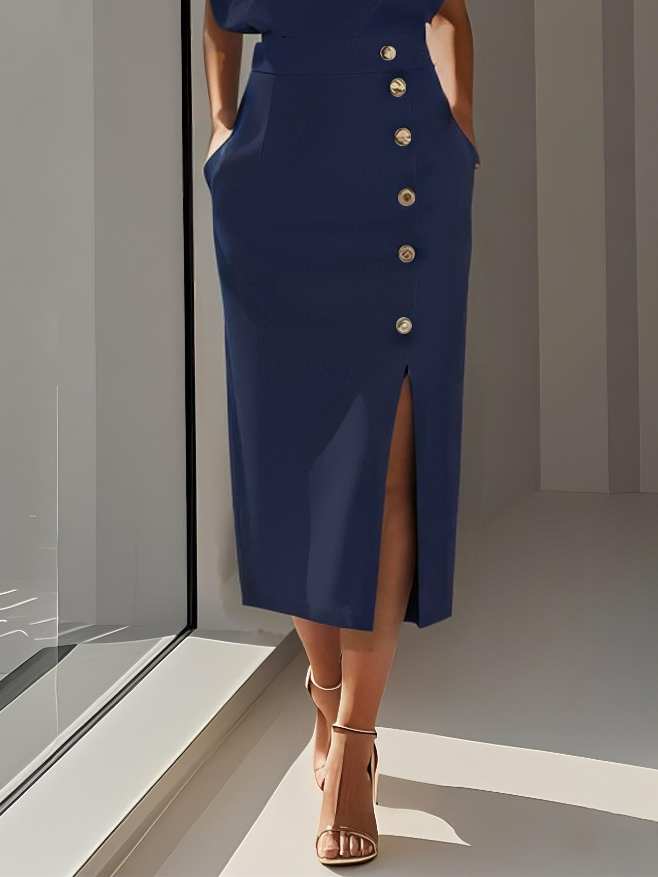 Off White Button Slit Crew Neck Sheath Midi Dress