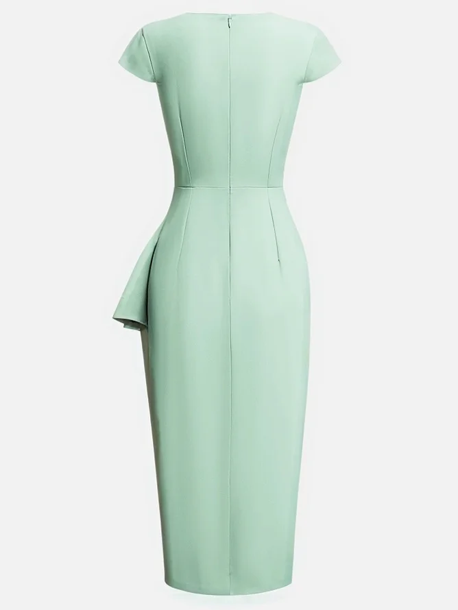 Green Cowl Neck Ruched Cap Sleeve Sheath Midi Dress