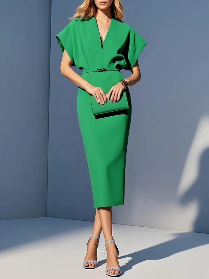 Light Blue Classic V Neck Short Sleeve Dolman Sleeve Sheath Midi Dress