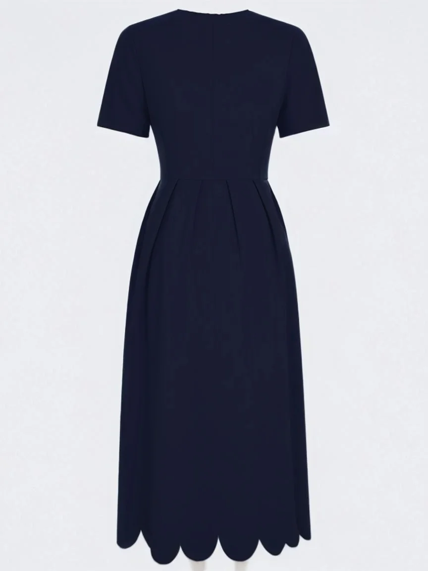 Purplish Blue Irregular Craftsmanship Classic Square Neck Short Sleeve A-Line Midi Dress