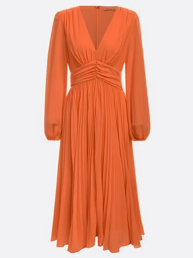 Light Blue Pleated Ruched Balloon Sleeve A-Line Midi Chiffon Dress