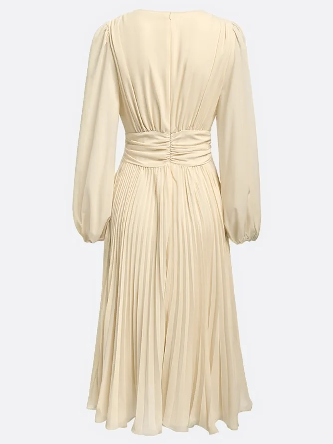 Light Blue Pleated Ruched Balloon Sleeve A-Line Midi Chiffon Dress