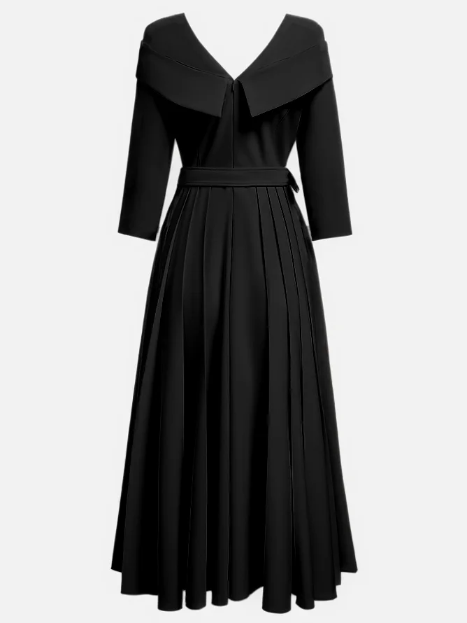 Off White Pleated Ruched Three Quarter Sleeve A-Line Maxi Dress