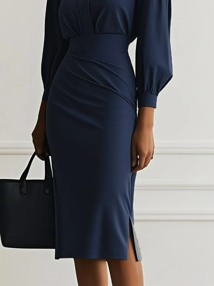 Light Gray Classic Shirt Collar Long Sleeve Sheath Midi Two-Piece Dress