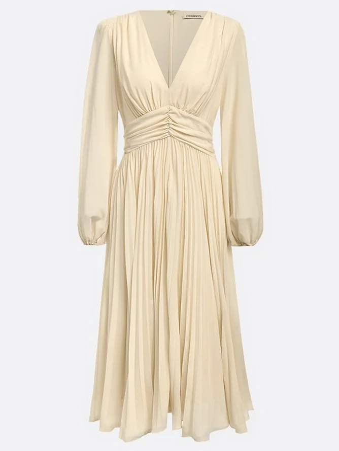 Light Blue Pleated Ruched Balloon Sleeve A-Line Midi Chiffon Dress
