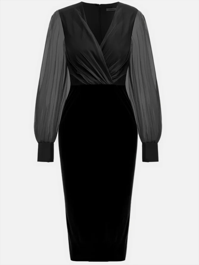 Blue Mesh Split Joint Balloon Sleeve Sheath Midi Velvet Dress