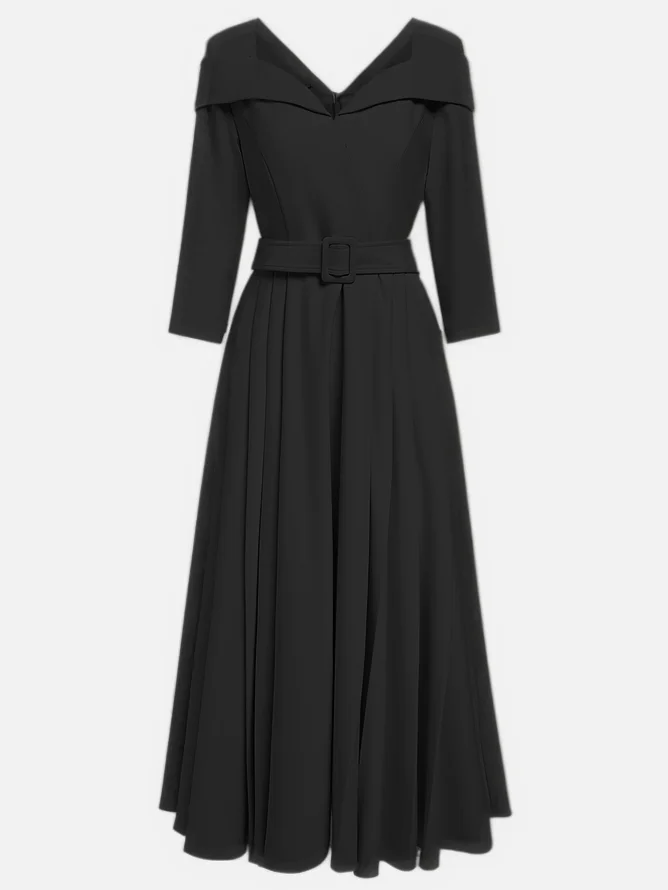 Off White Pleated Ruched Three Quarter Sleeve A-Line Maxi Dress