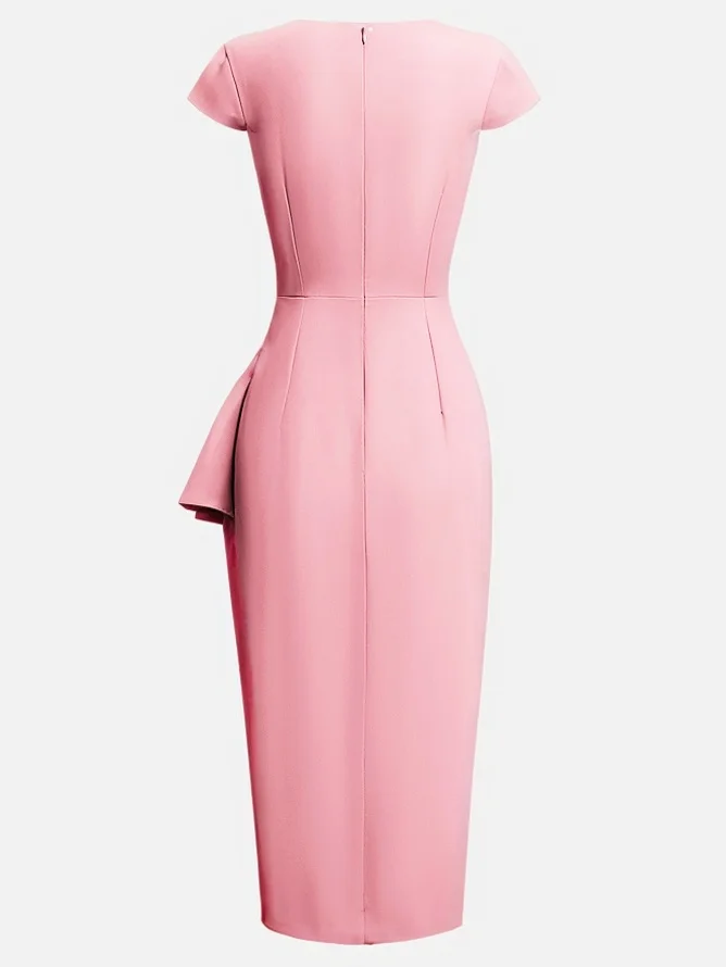 Green Cowl Neck Ruched Cap Sleeve Sheath Midi Dress