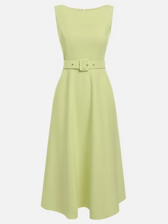 Light Blue Classic Boat Neck Sleeveless A-Line Midi Dress