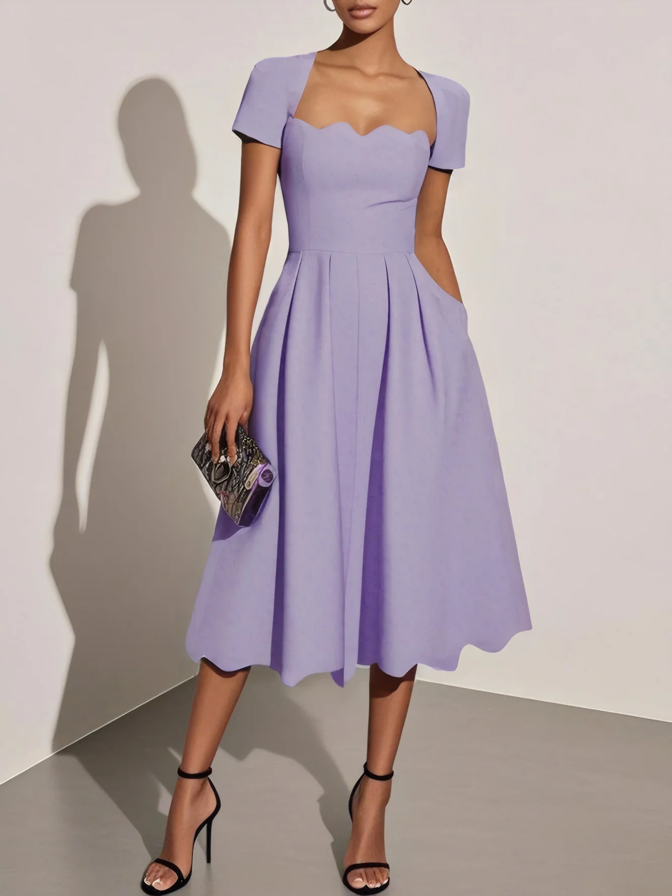 Black Irregular Craftsmanship Classic Square Neck Short Sleeve A-Line Midi Dress