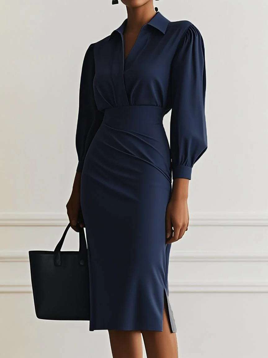 Light Gray Classic Shirt Collar Long Sleeve Sheath Midi Two-Piece Dress