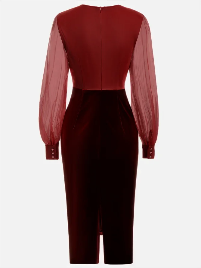 Wine Red Mesh Split Joint Balloon Sleeve Sheath Midi Velvet Dress