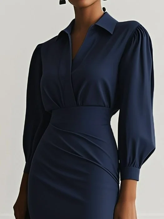 Light Gray Classic Shirt Collar Long Sleeve Sheath Midi Two-Piece Dress
