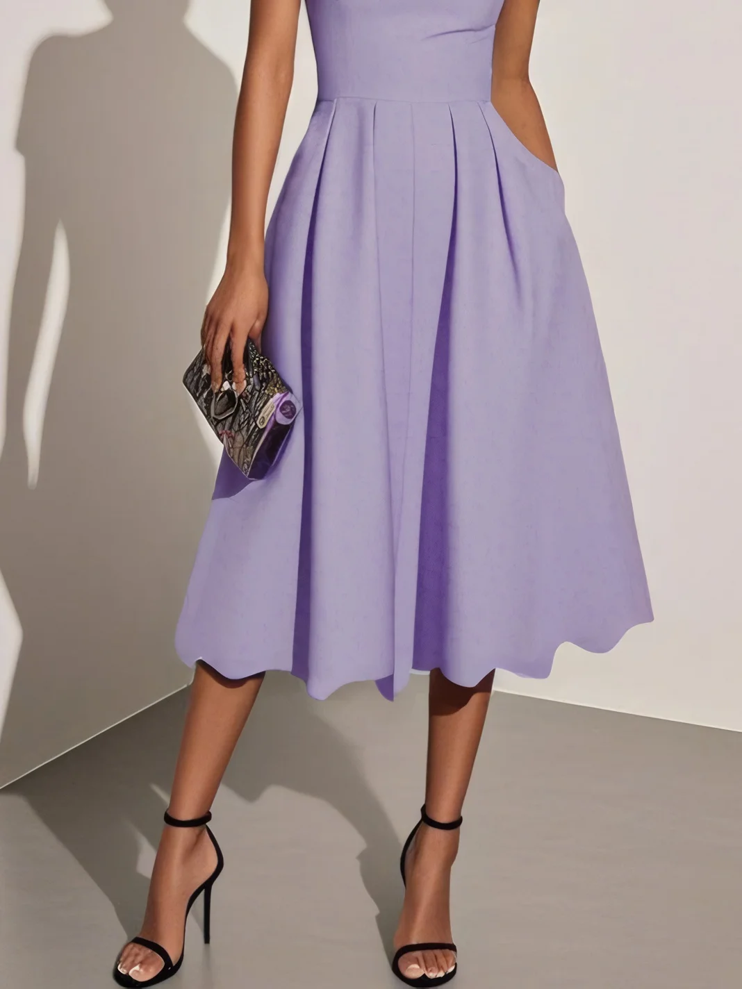 Black Irregular Craftsmanship Classic Square Neck Short Sleeve A-Line Midi Dress