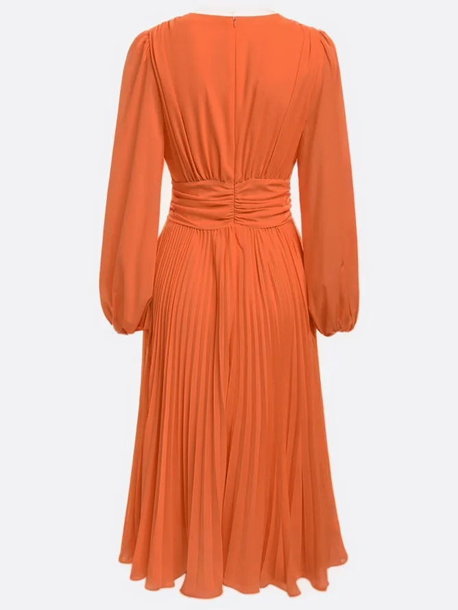 Light Blue Pleated Ruched Balloon Sleeve A-Line Midi Chiffon Dress