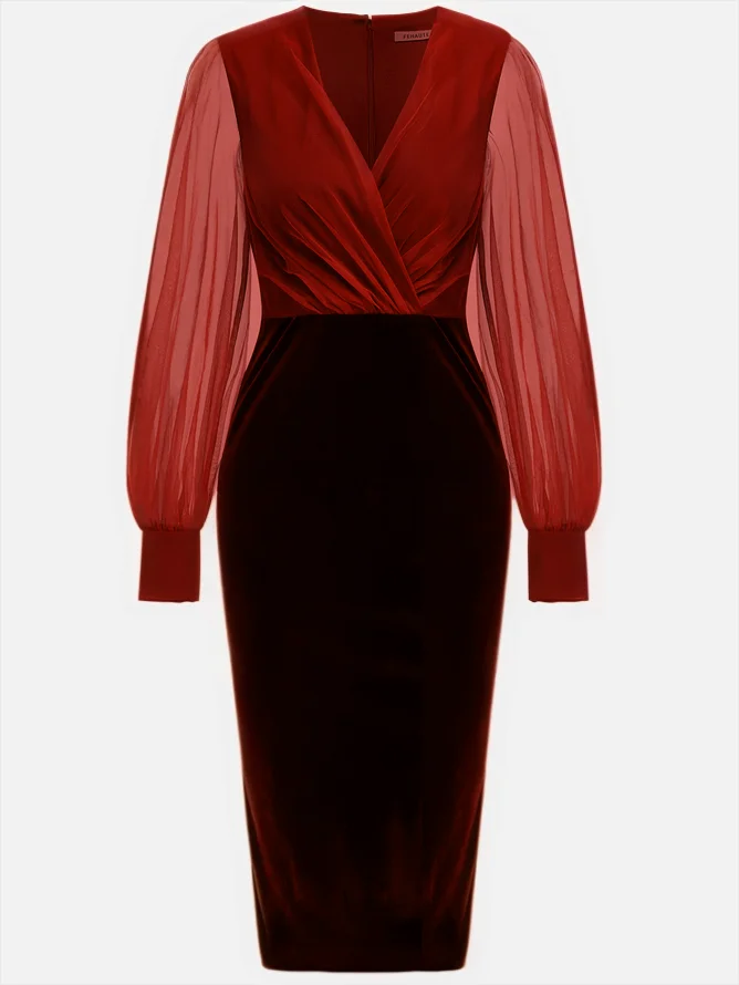 Wine Red Mesh Split Joint Balloon Sleeve Sheath Midi Velvet Dress