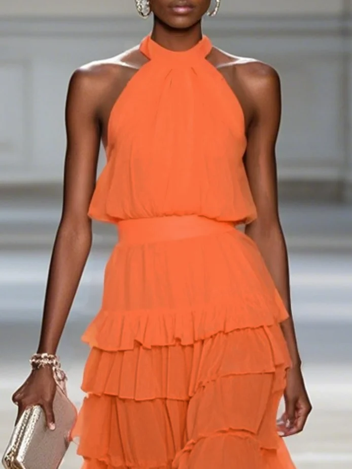 Pink Peplum Chiffon Halter Sleeveless A-Line Maxi Two-piece Dress