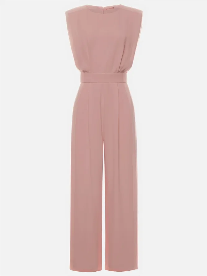 Off White Crew Neck Plain Ruched Urban Jumpsuit 