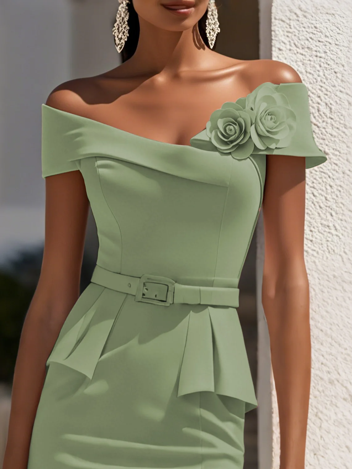 Pink 3D Floral V Neck Short Sleeve Sheath Midi Dress