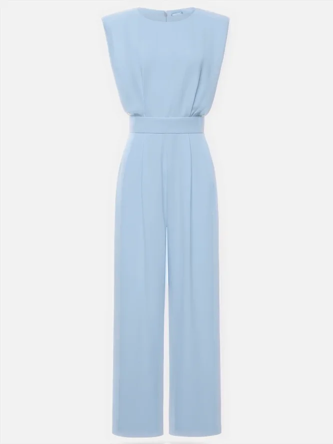 Off White Crew Neck Plain Ruched Urban Jumpsuit 