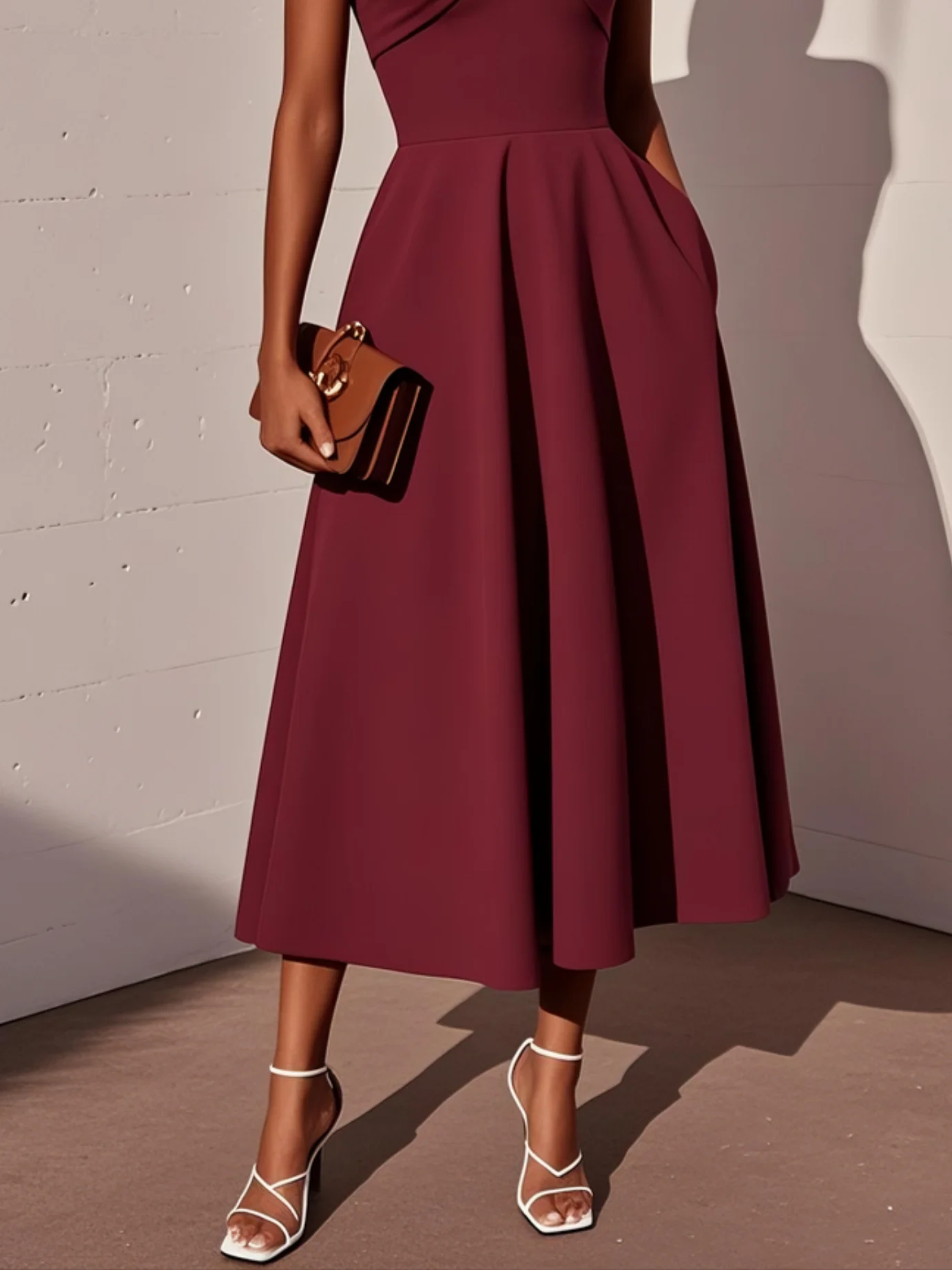 Wine Red Cross Classic Off The Shoulder Short Sleeve A-Line Midi Dress