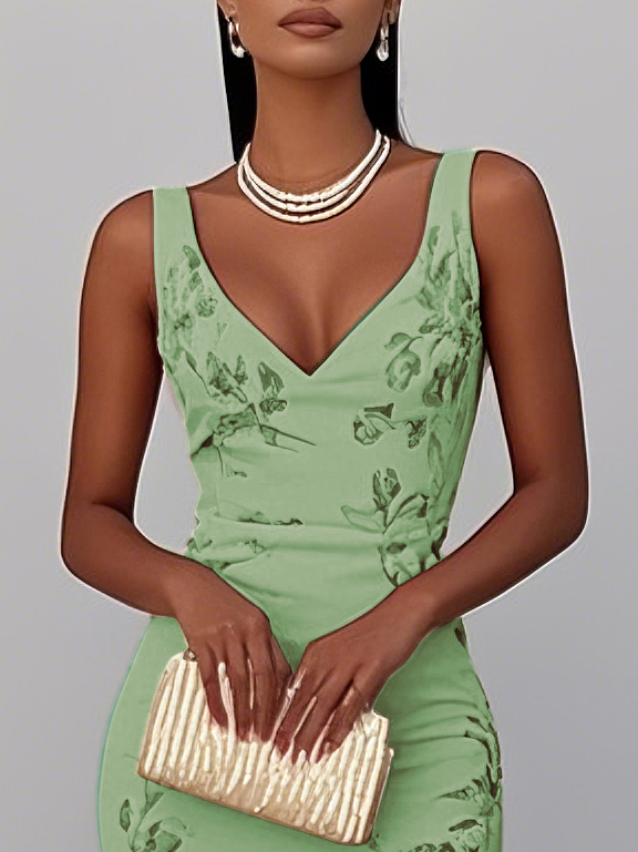 Pink Floral Mermaid Skirt V Neck Sleeveless Mermaid Midi Dress