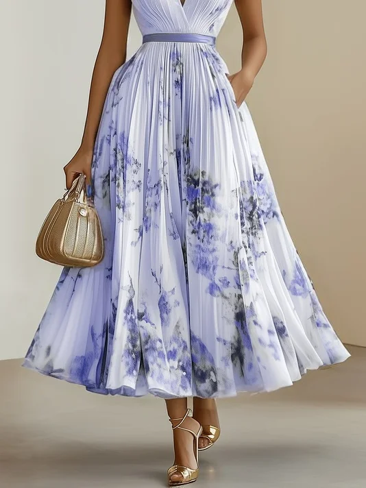 White Pleated Floral Chiffon V Neck Sleeveless A-Line Midi Dress