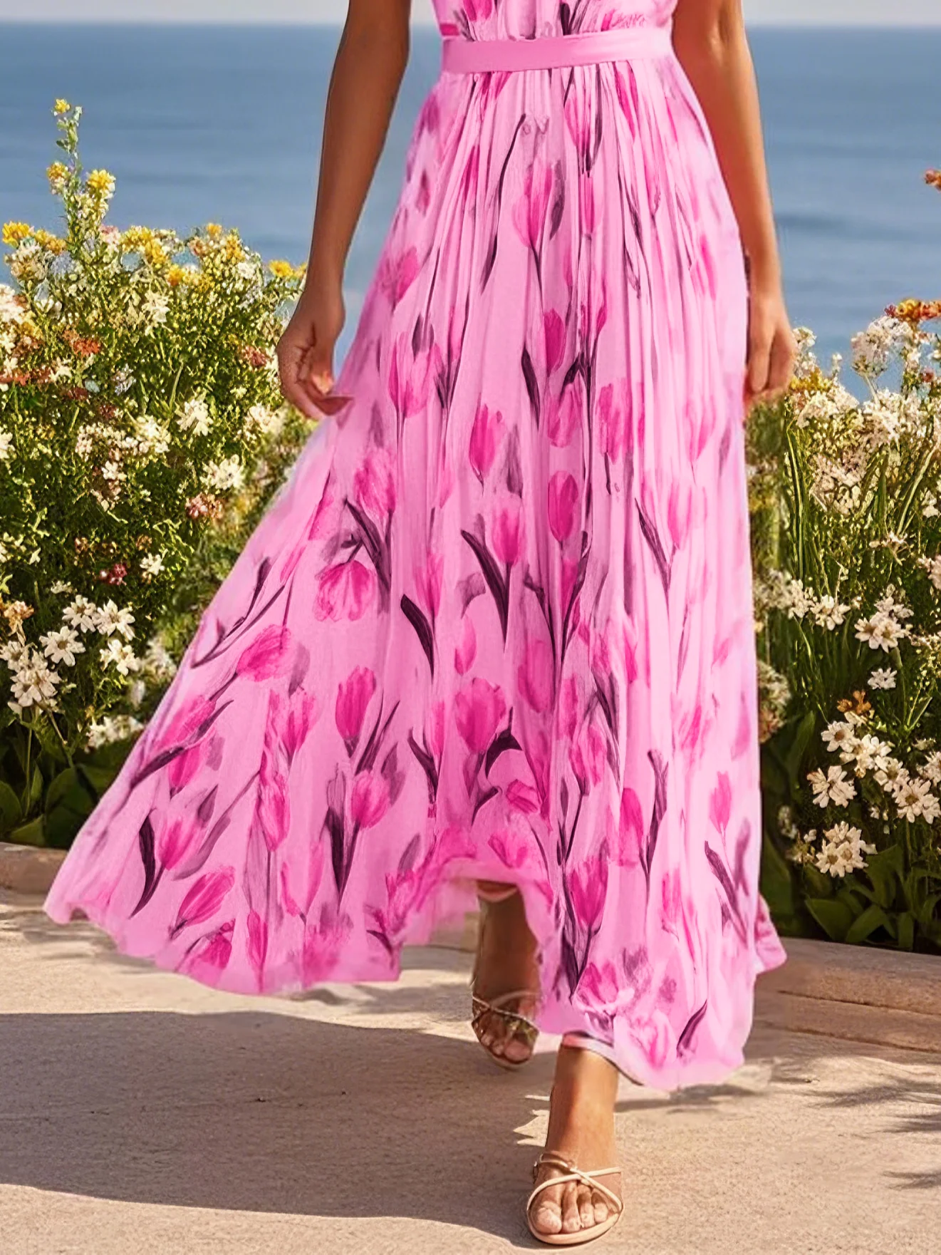 Pink Floral Chiffon Halter Sleeveless A-Line Maxi Dress