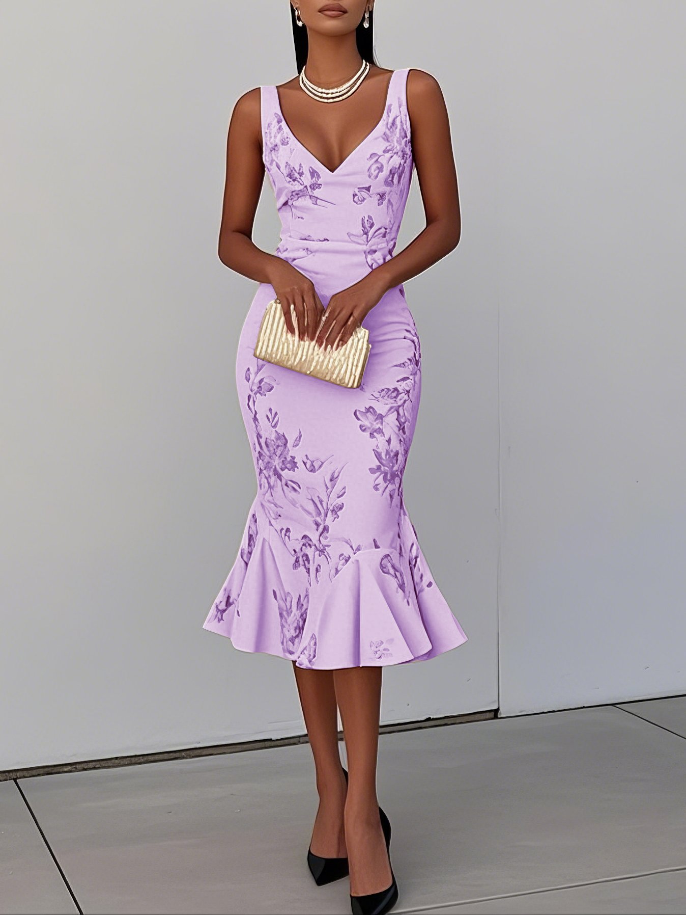 Pink Floral Mermaid Skirt V Neck Sleeveless Mermaid Midi Dress