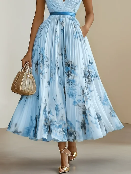 White Pleated Floral Chiffon V Neck Sleeveless A-Line Midi Dress