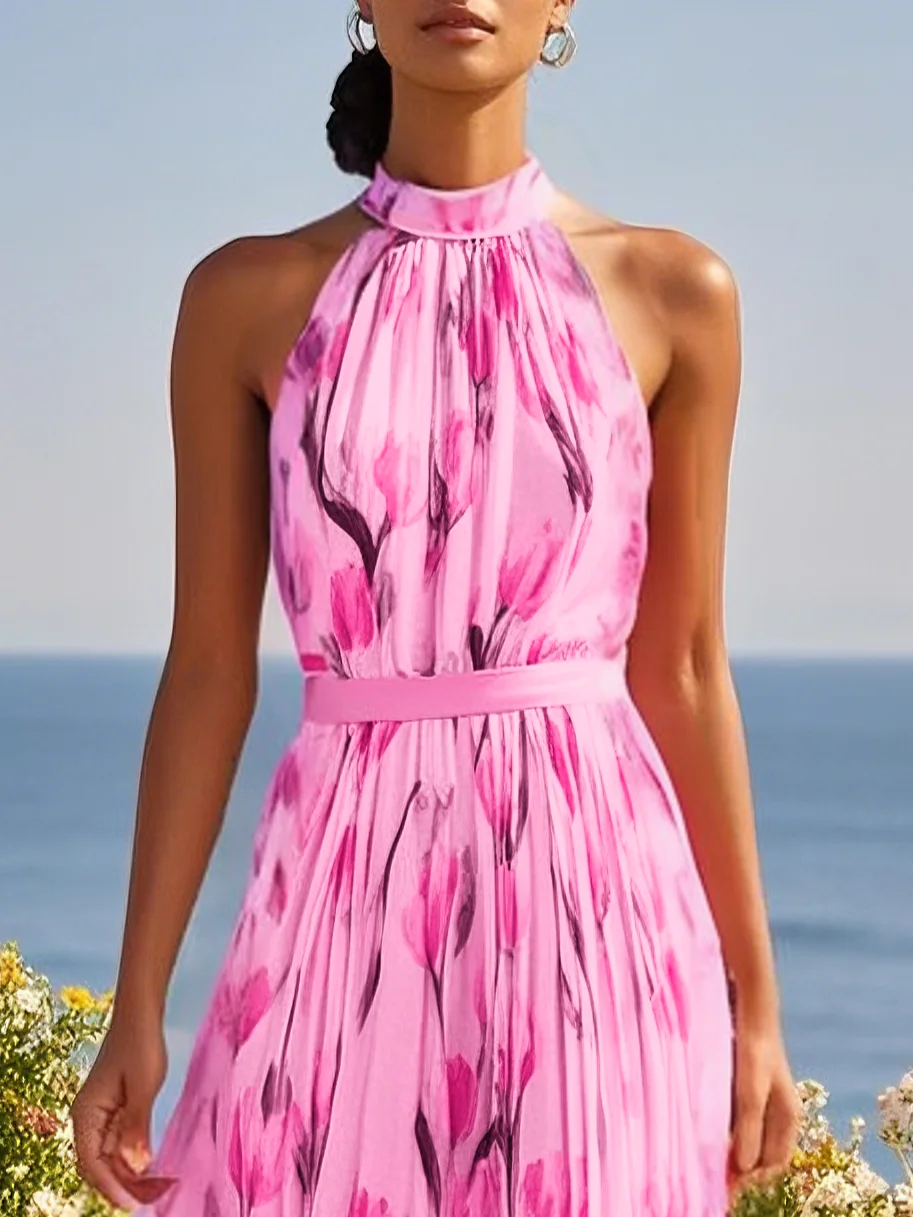 Pink Floral Chiffon Halter Sleeveless A-Line Maxi Dress