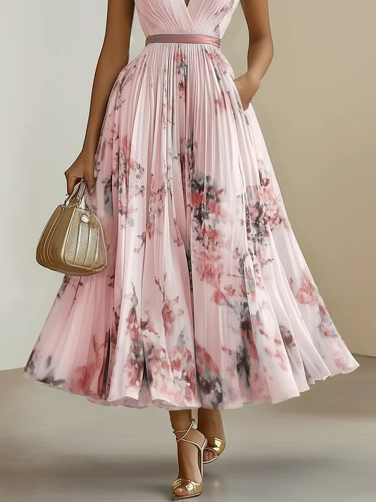 White Pleated Floral Chiffon V Neck Sleeveless A-Line Midi Dress
