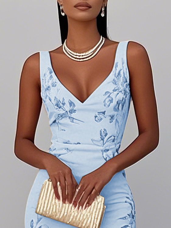 Pink Floral Mermaid Skirt V Neck Sleeveless Mermaid Midi Dress