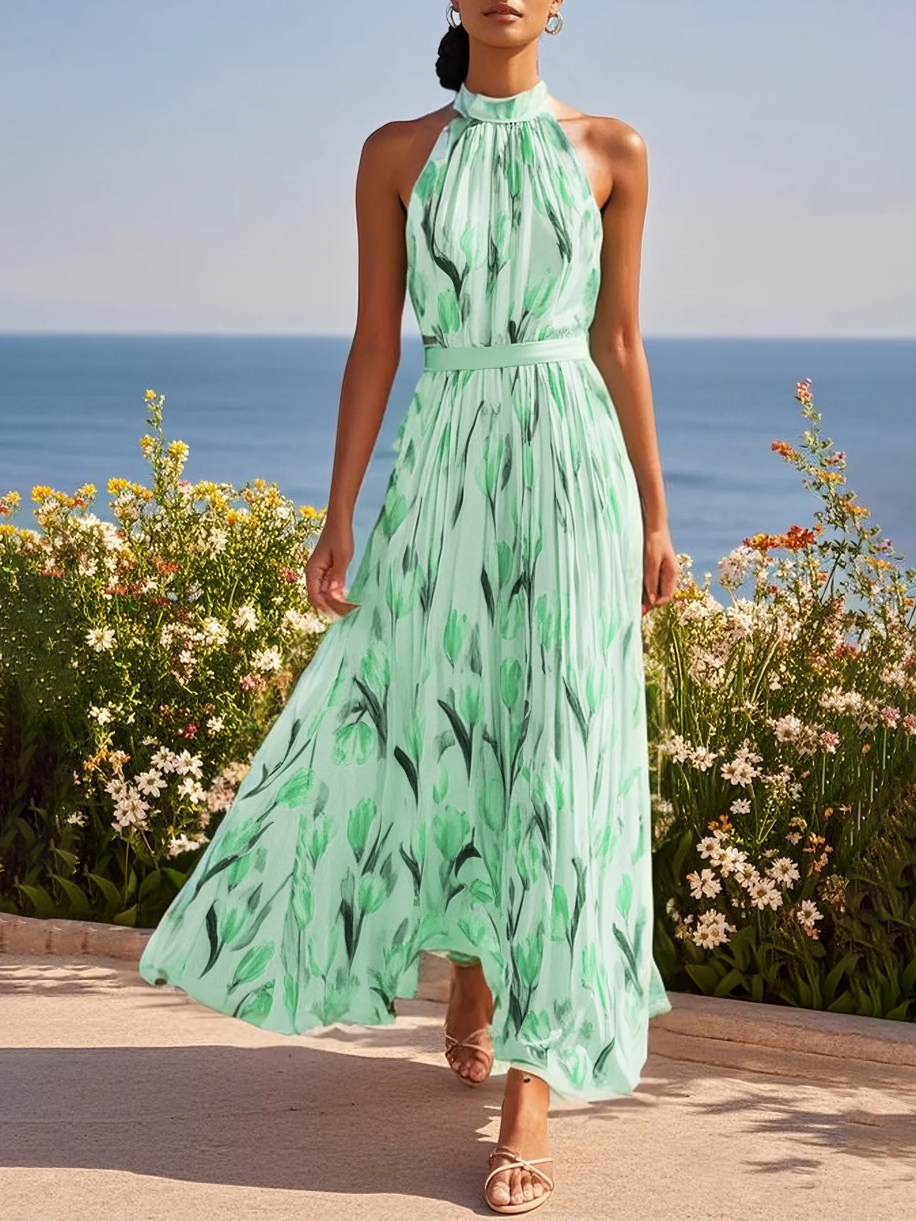 Pink Floral Crew Neck Sleeveless A-Line Maxi Chiffon Dress
