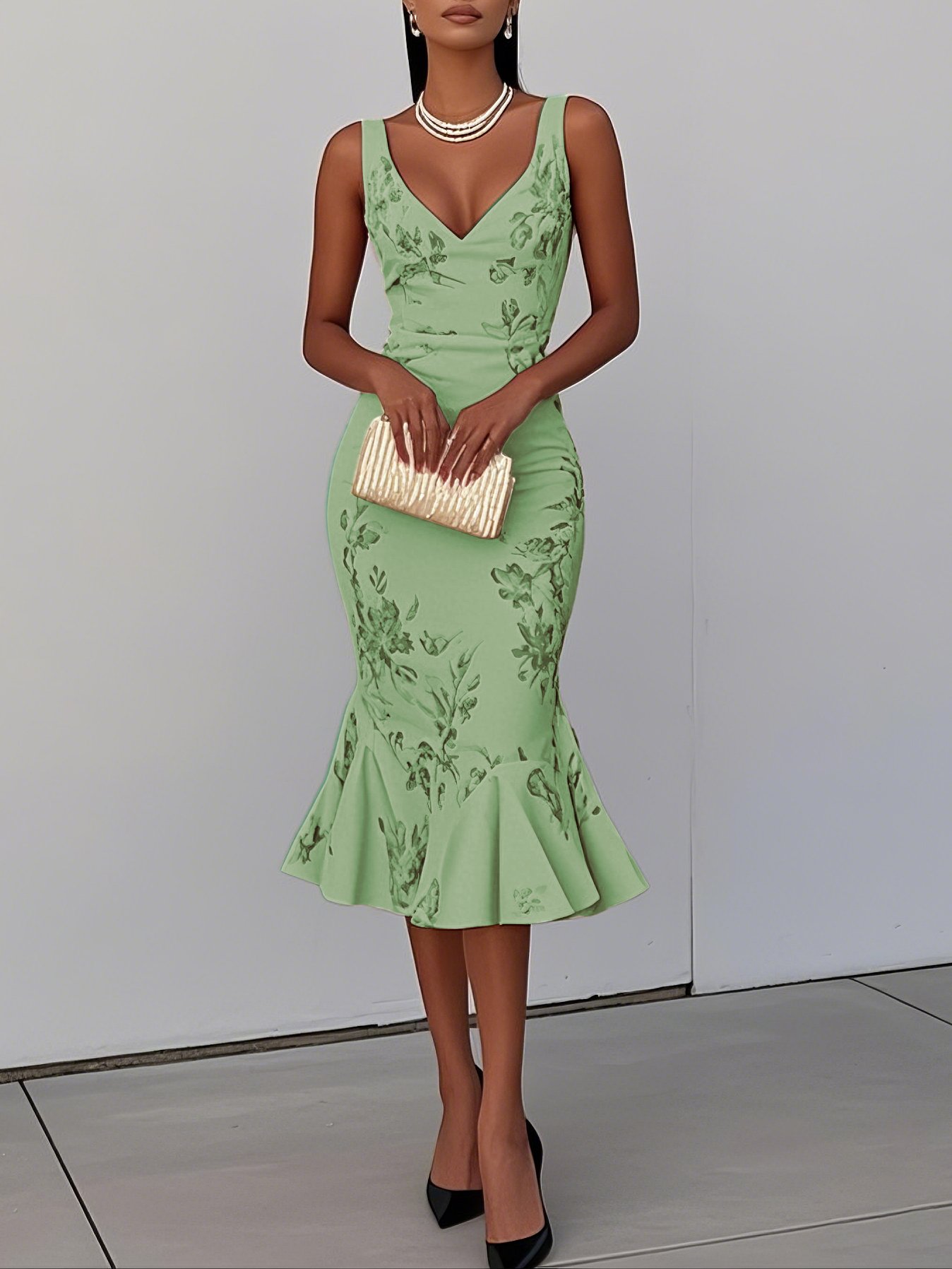 Pink Floral Mermaid Skirt V Neck Sleeveless Mermaid Midi Dress