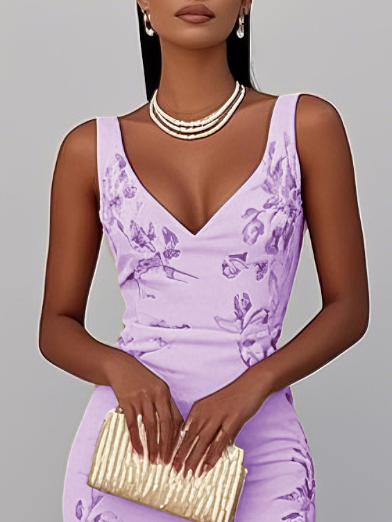 Pink Floral Mermaid Skirt V Neck Sleeveless Mermaid Midi Dress