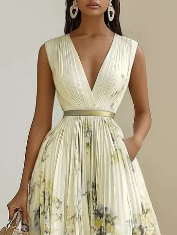 White Pleated Floral Chiffon V Neck Sleeveless A-Line Midi Dress