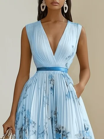 White Pleated Floral Chiffon V Neck Sleeveless A-Line Midi Dress